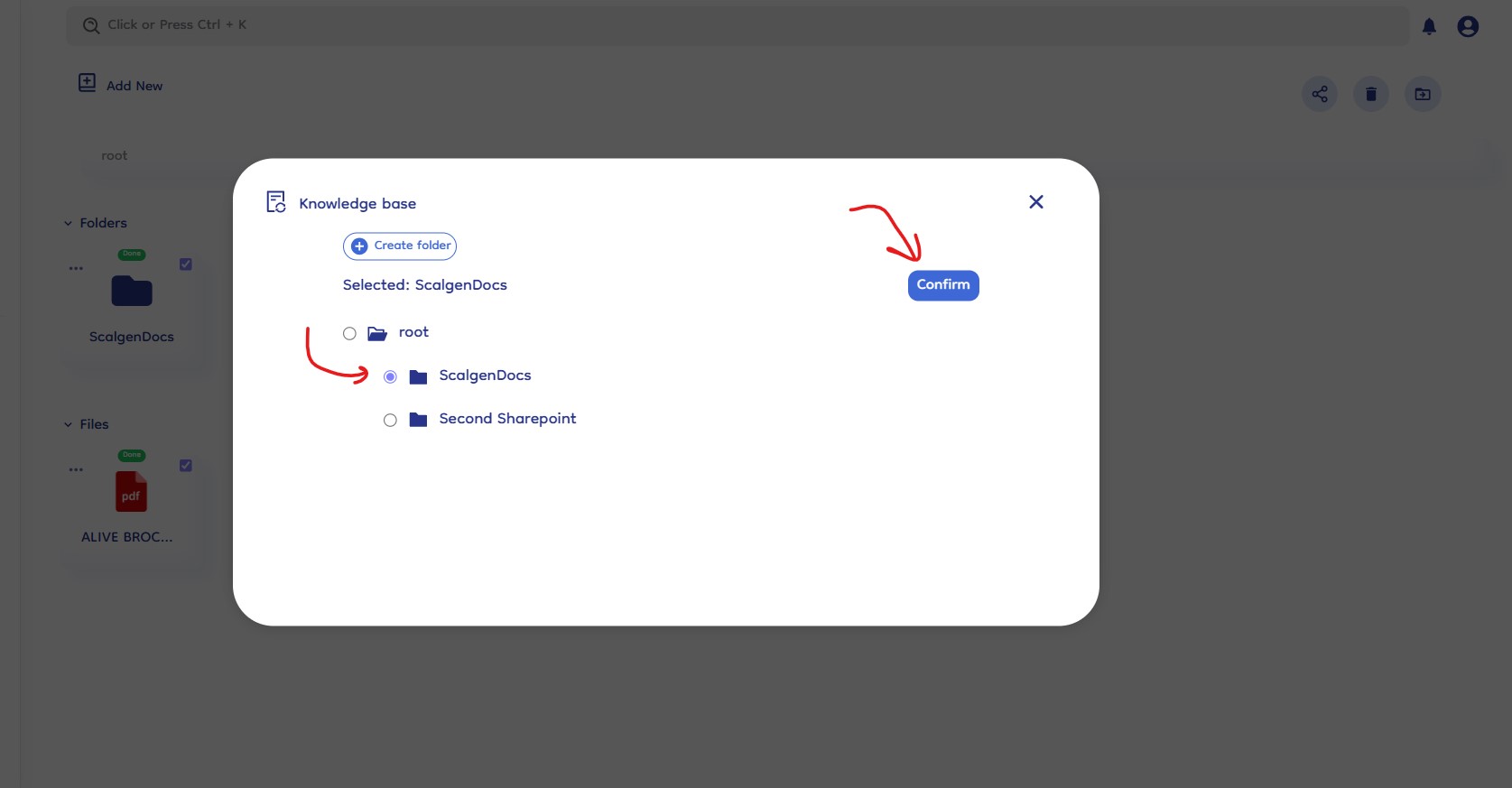 destination folder popup