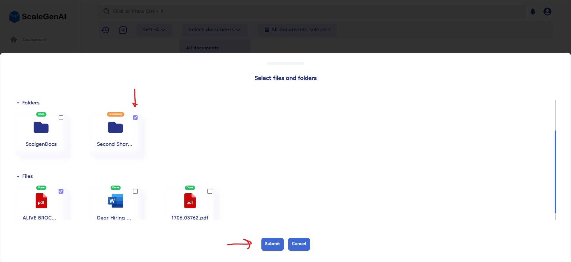 specific selected document bottom slider